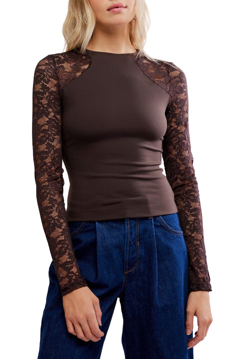 No Excuses Lace Sleeve Top, Main, color, HOT FUDGE