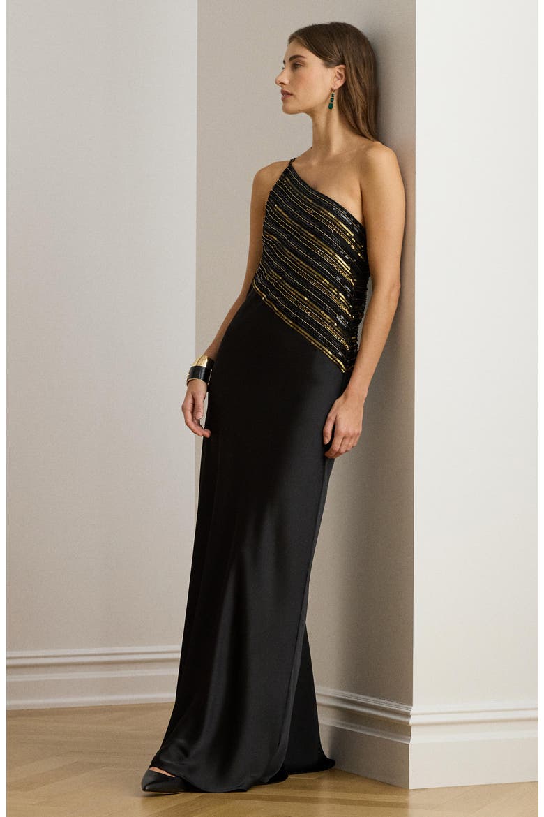 ralph lauren one shoulder long black dress Beaded Mesh One-Shoulder Gown (Women)
