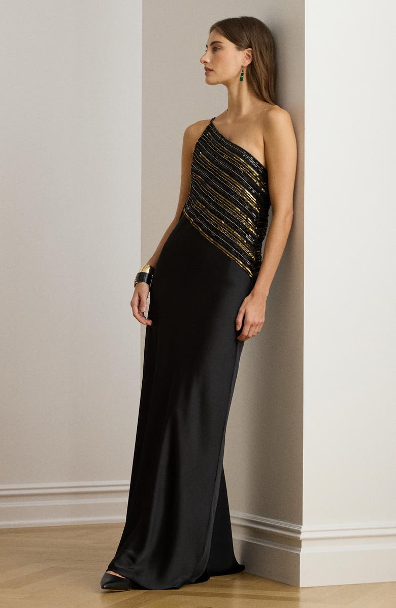 Lauren Ralph Lauren Beaded Mesh One-Shoulder Gown, Alternate, color, Black/ Gold