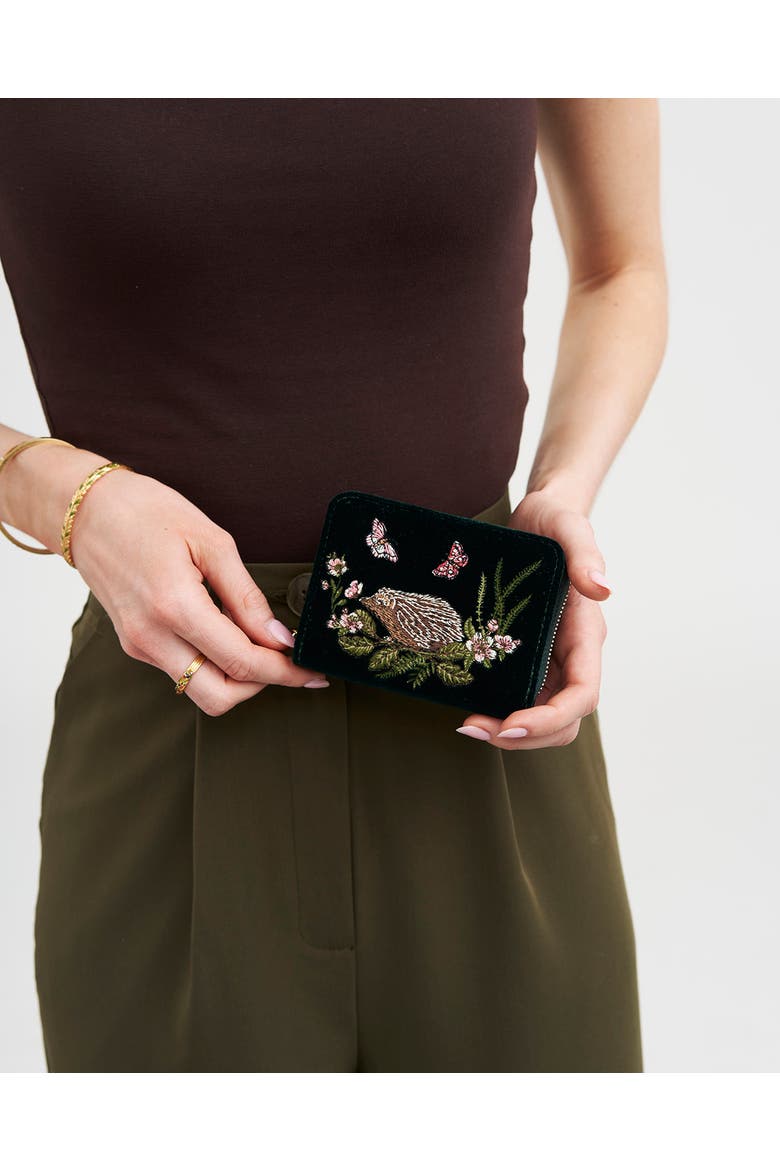 Hedgehog Velvet Embroidered Small Wallet, Alternate, color, Dark Green