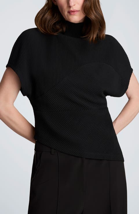 Asymmetric Mock Neck Rib Knit Top
