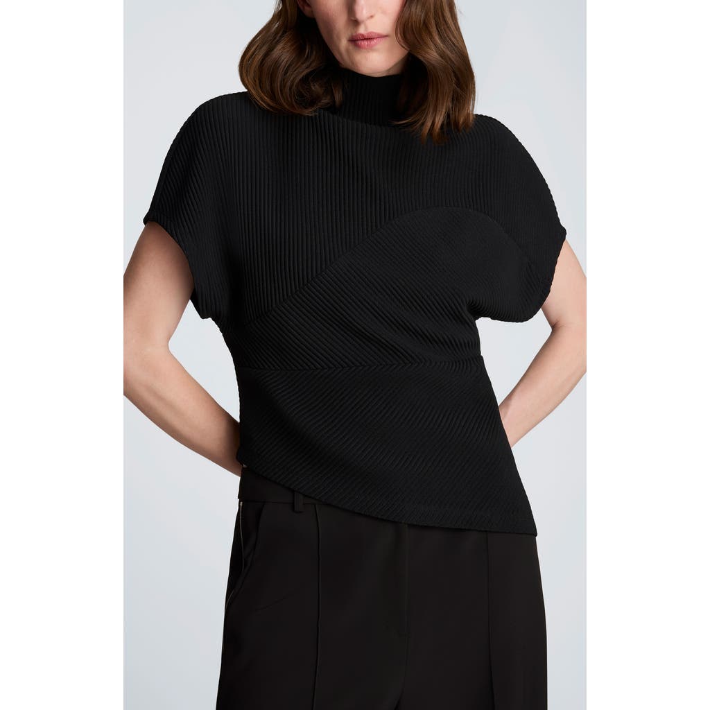 Kenneth Cole Asymmetric Mock Neck Rib Knit Top In Black