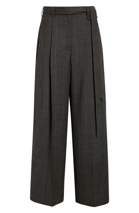 Pleated Wide Leg Stretch Virgin Wool Sash Trousers