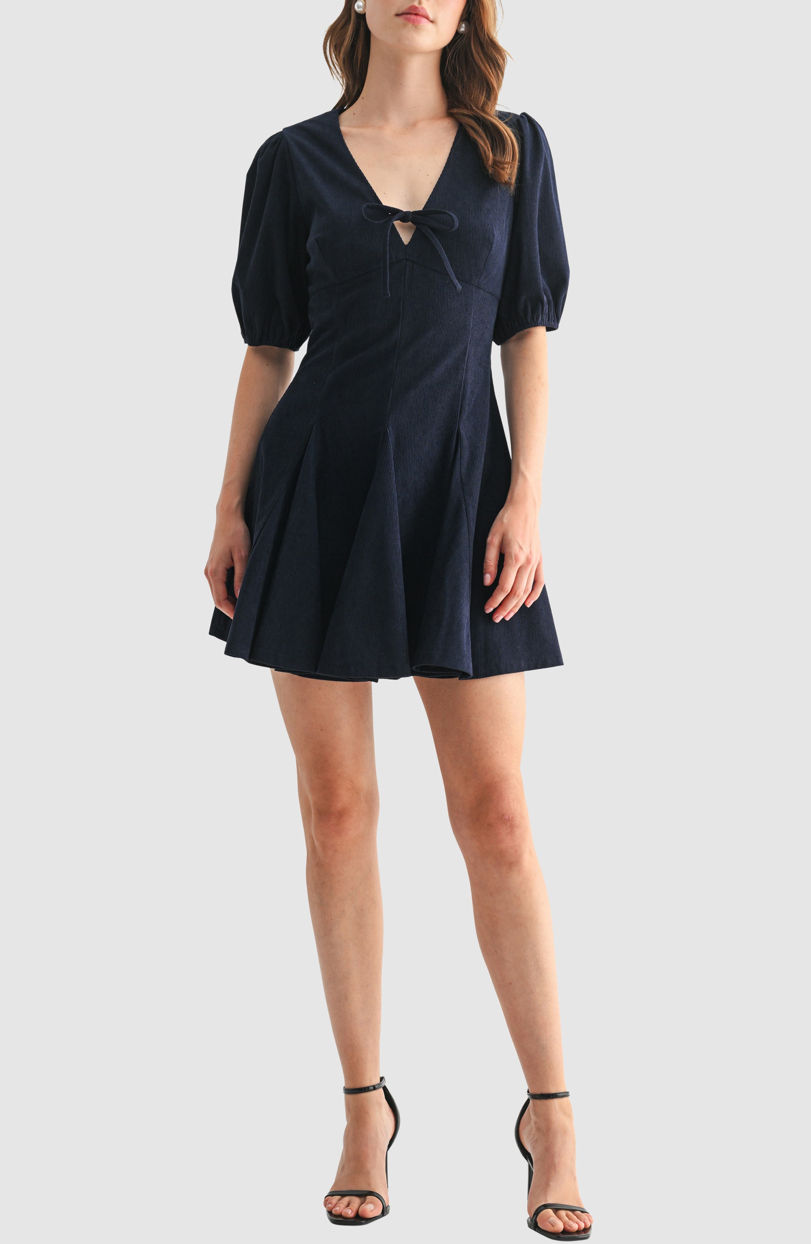 Lush Tie Front Puff Sleeve Corduroy Minidress