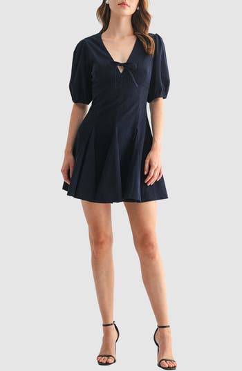 Lush Tie Front Puff Sleeve Corduroy Minidress In Blue