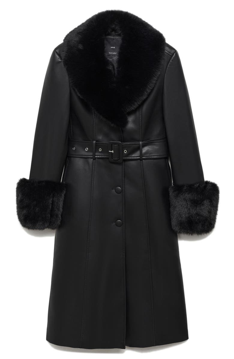 MANGO Fernanda Faux Leather Belted Coat with Removable Faux Fur Trim, Alternate, color, 