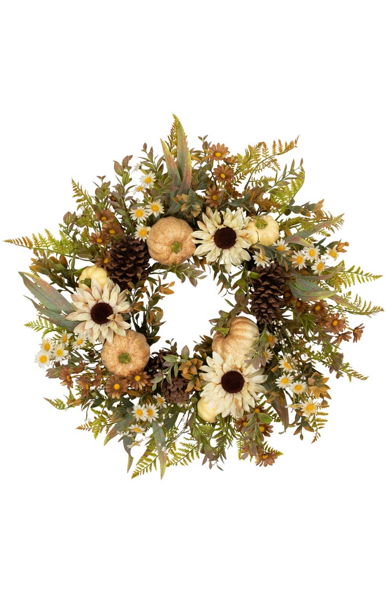 Northlight Pumpkins, Sunflowers and Fern Artificial Floral Fall Harvest Wreath - 28", Main, color, Ivory