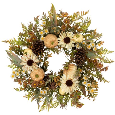 Pumpkins, Sunflowers and Fern Artificial Floral Fall Harvest Wreath - 28"