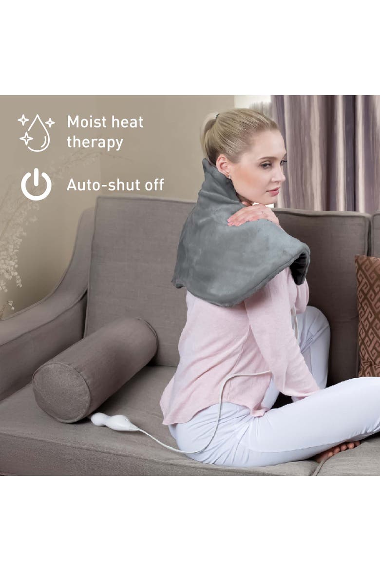 Ultimate Cozy Comfort & Relaxation Bundle Heated Blanket, Neck & Shoulder Heating Pad, and Massaging Wrap, Alternate, color, Grey