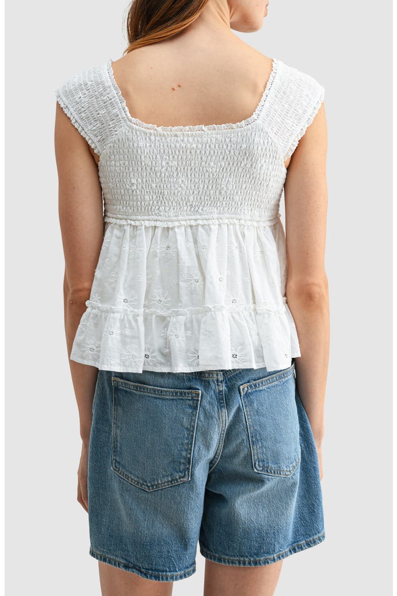 Smocked Cap Sleeve Embroidered Cotton Top, Alternate, color, OFF WHITE