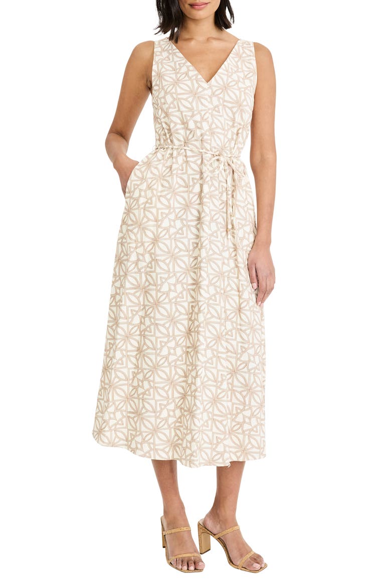 Printed Tie Waist Midi Dress, Main, color, IVORY/ LIGHT BROWN