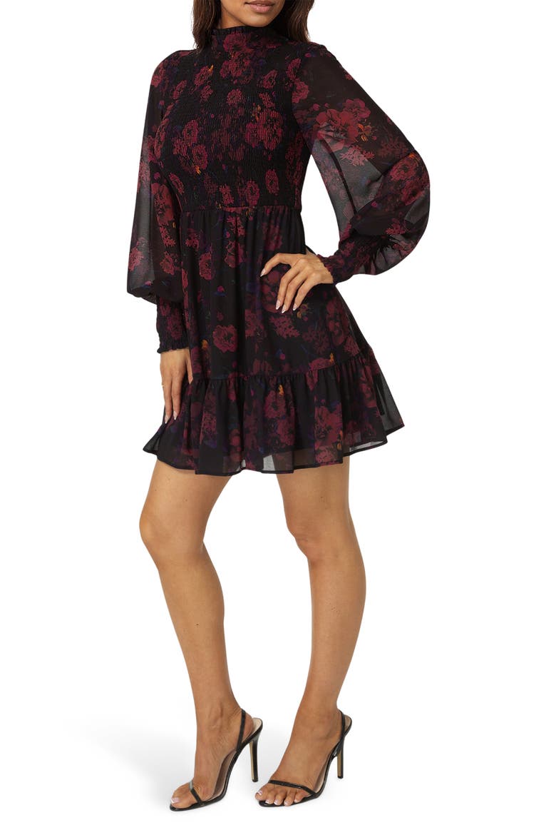Floral Smocked Long Sleeve Chiffon Minidress, Alternate, color, DARK RED