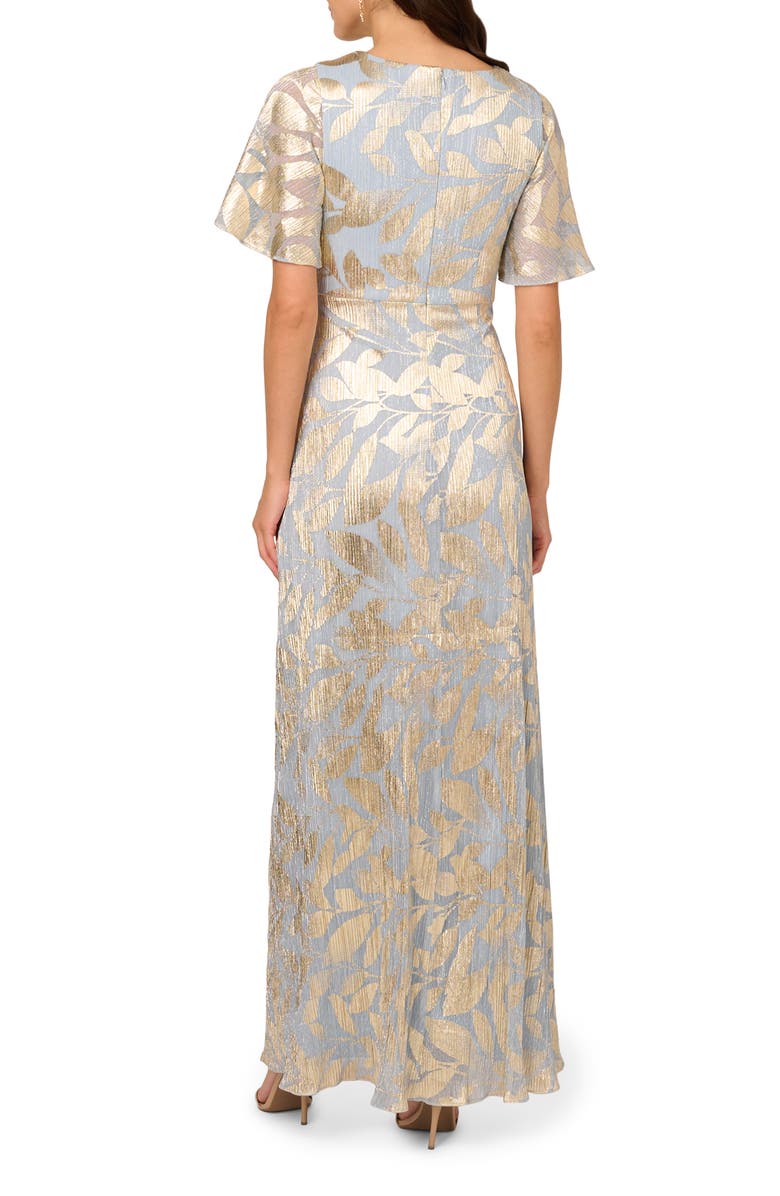 Adrianna Papell Metallic Leaf Jacquard Draped Gown, Alternate, color, Light Blue/ Gold