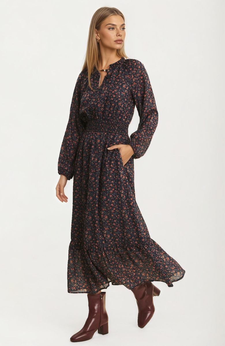 Knit and Lounge Long Sleeve Smocked Waist Floral Midi Dress, Alternate, color, Navy / Rust Floral