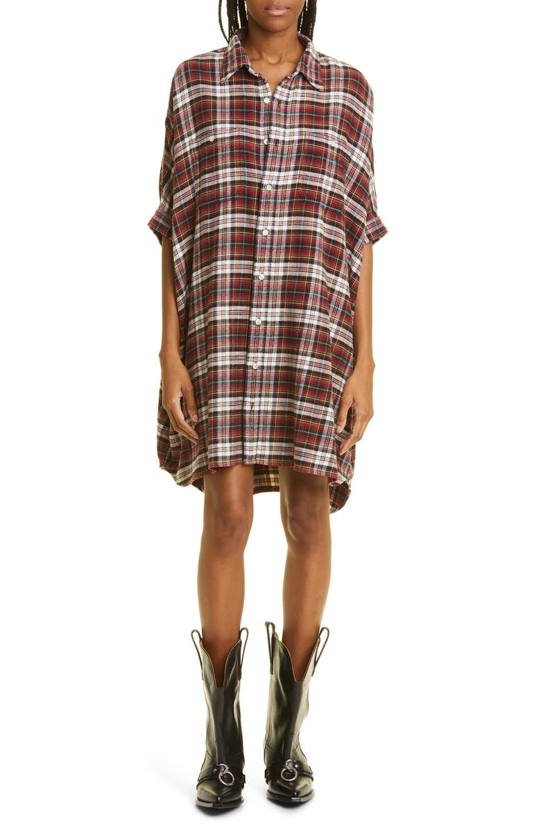 R13 Plaid Oversize Boxy Cotton Flannel Shirtdress, Main, color,