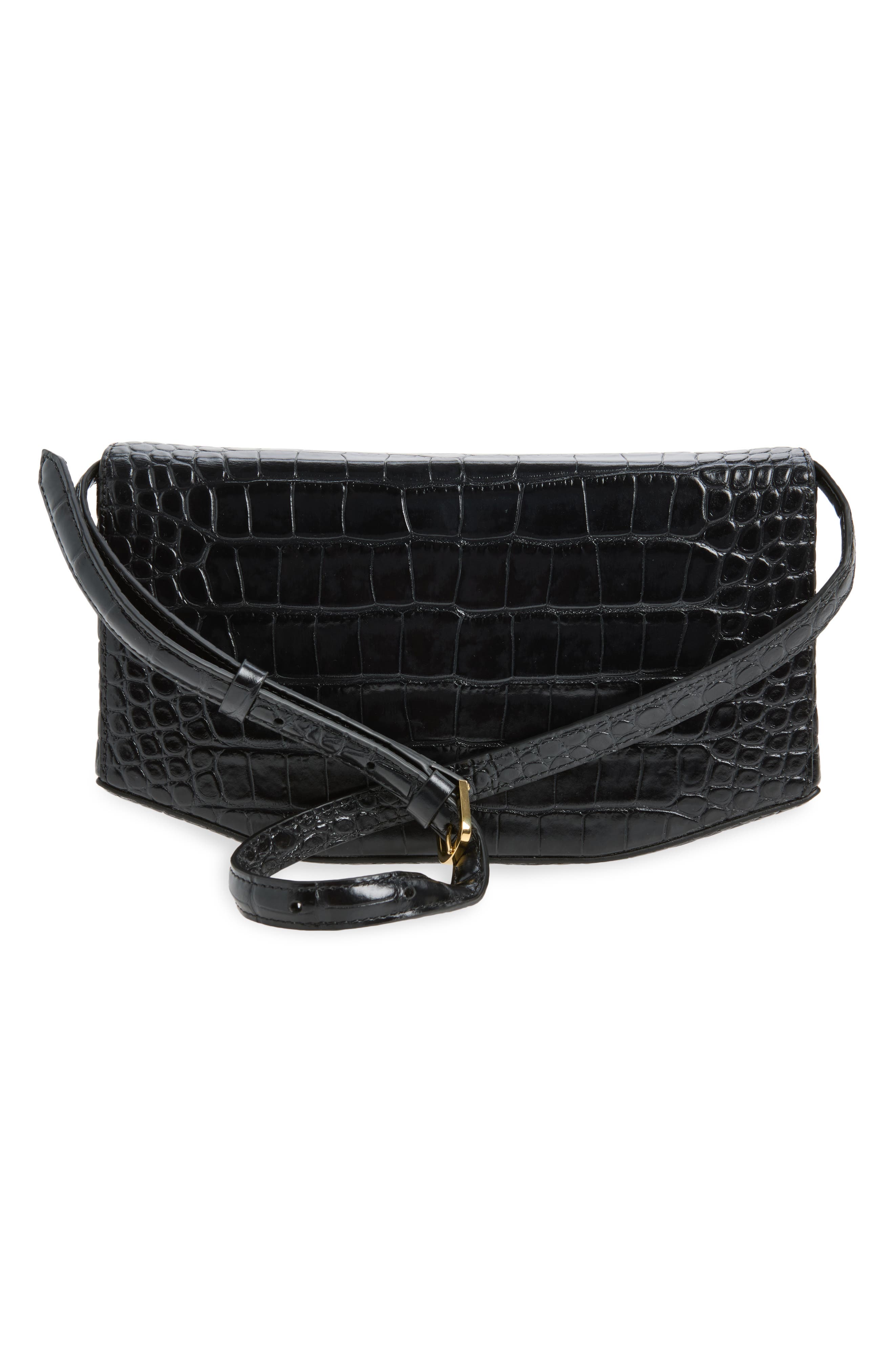 Clip Croc Embossed Leather Clutch, Alternate, color, BLACK