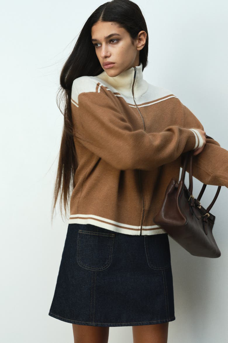 Zip-through Cardigan, Main, color, Dark beige/color block