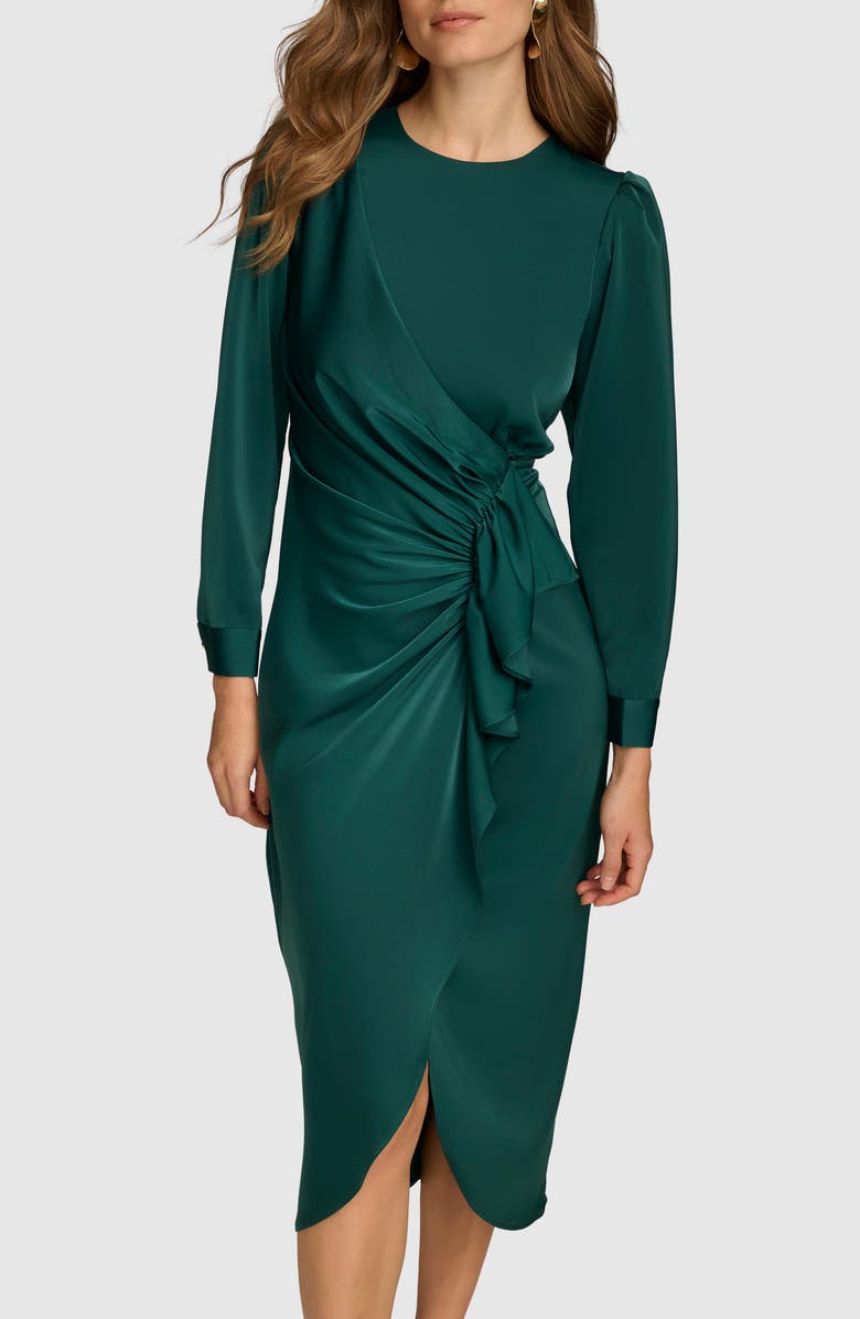 Donna Karan New York Cascade Ruffle Long Sleeve Satin Midi Dress, Alternate, color,