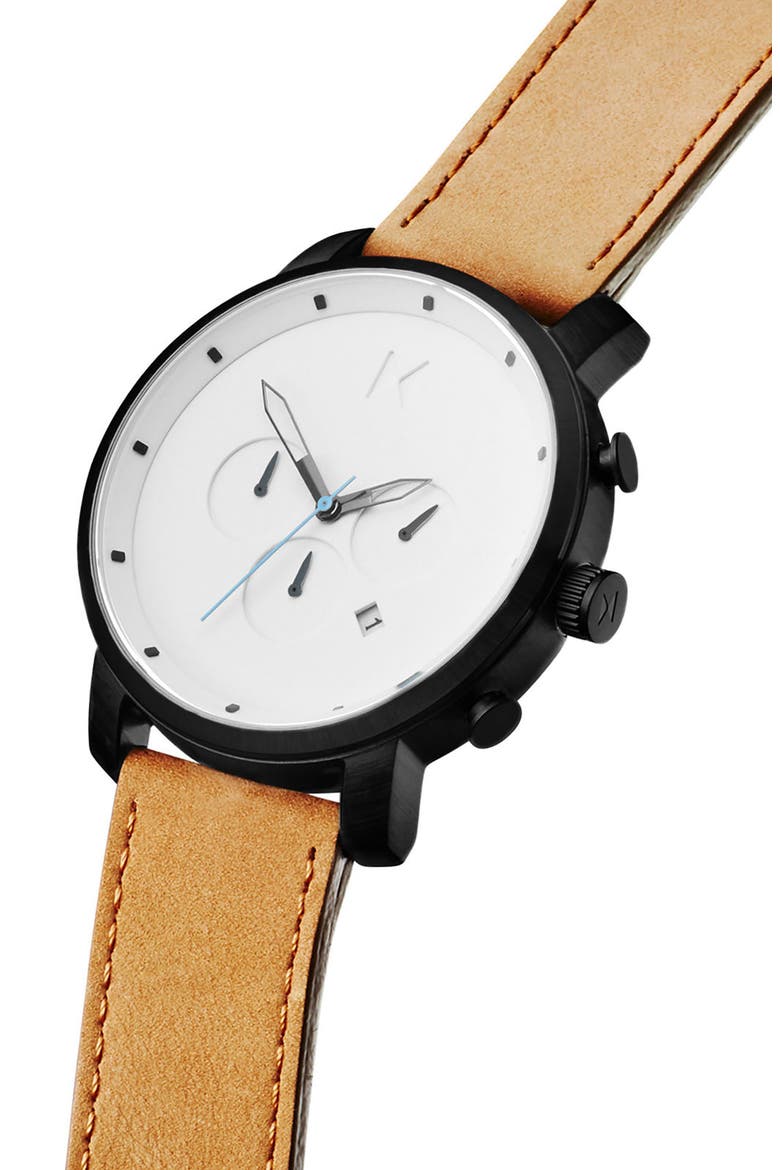 MVMT Chronograph Leather Strap Watch, 45mm, Alternate, color, WHITE/ TAN