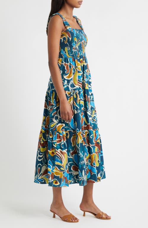 Anne Klein Smocked Bodice Sleeveless Tiered Maxi Dress In Blue