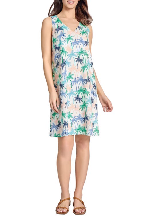 Jones New York Gina Palm Print Linen Blend Trapeze Dress In Aqua Wave Multi