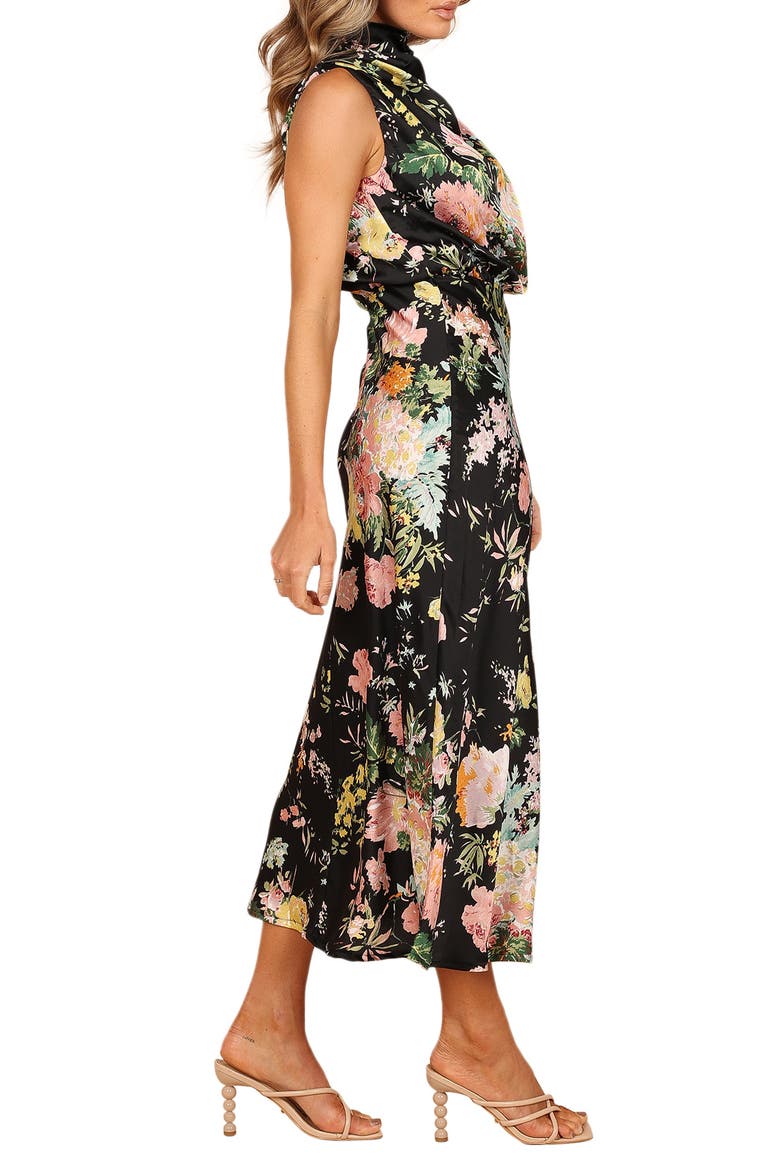 Anabelle Funnel Neck Satin Midi Dress, Alternate, color, BLACK FLORAL