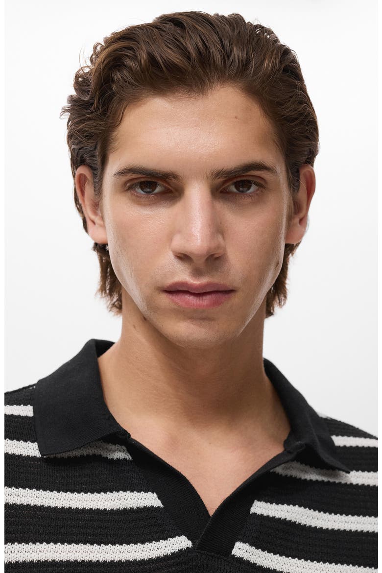 Textured Stripe Johnny Collar Polo, Alternate, color, BLACK