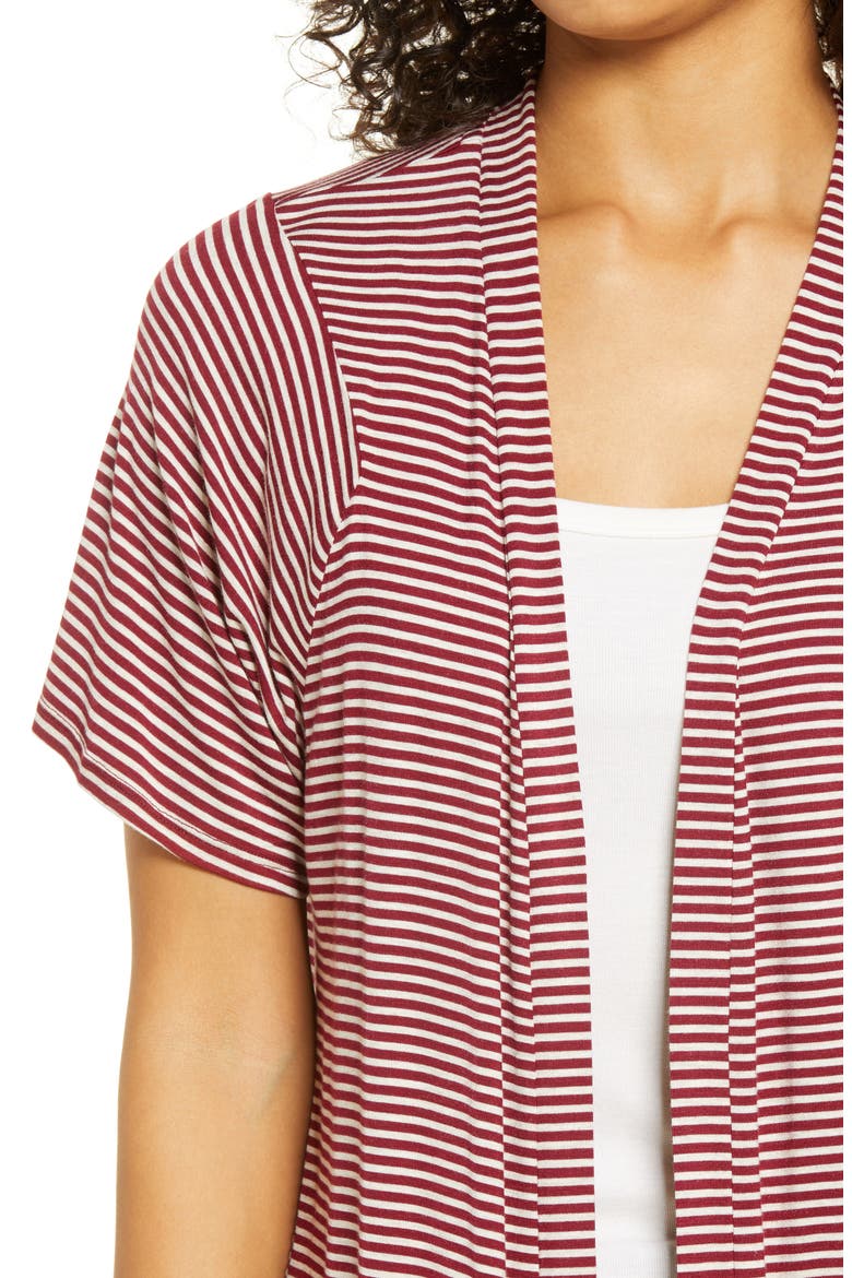 Stripe Open Front Cardigan, Alternate, color, BURGUNDY/ OATMEAL