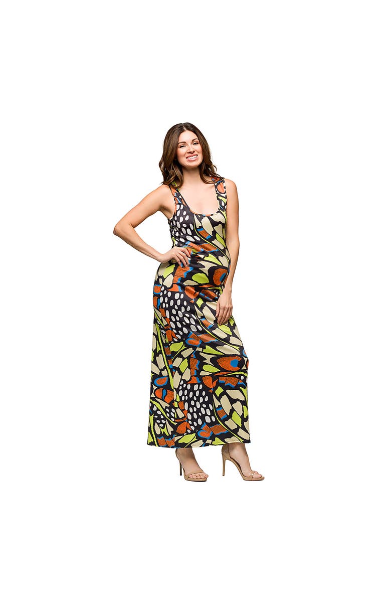24seven Comfort Apparel Maternity Bright Butterfly Print Razorback Tank Casual Maxi Dress, Alternate, color, Orange Multi