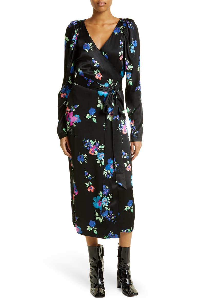 ROTATE Floral Long Sleeve Satin Midi Dress, Main, color, 