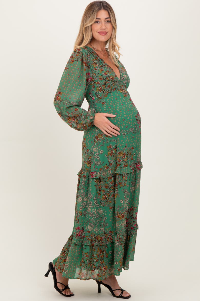 Floral Chiffon V-Neck Long Sleeve Maxi Dress, Alternate, color, Green
