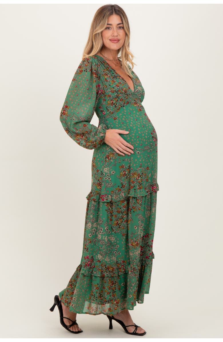 PinkBlush Floral Chiffon V-Neck Long Sleeve Maxi Dress, Alternate, color, Green