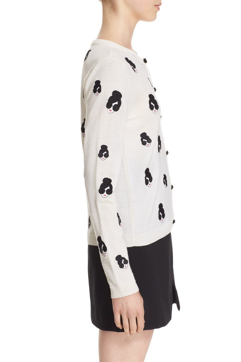 'Stacey Emoji' Embroidered Wool Cardigan, Alternate, color, OFF WHITE/ MULTI