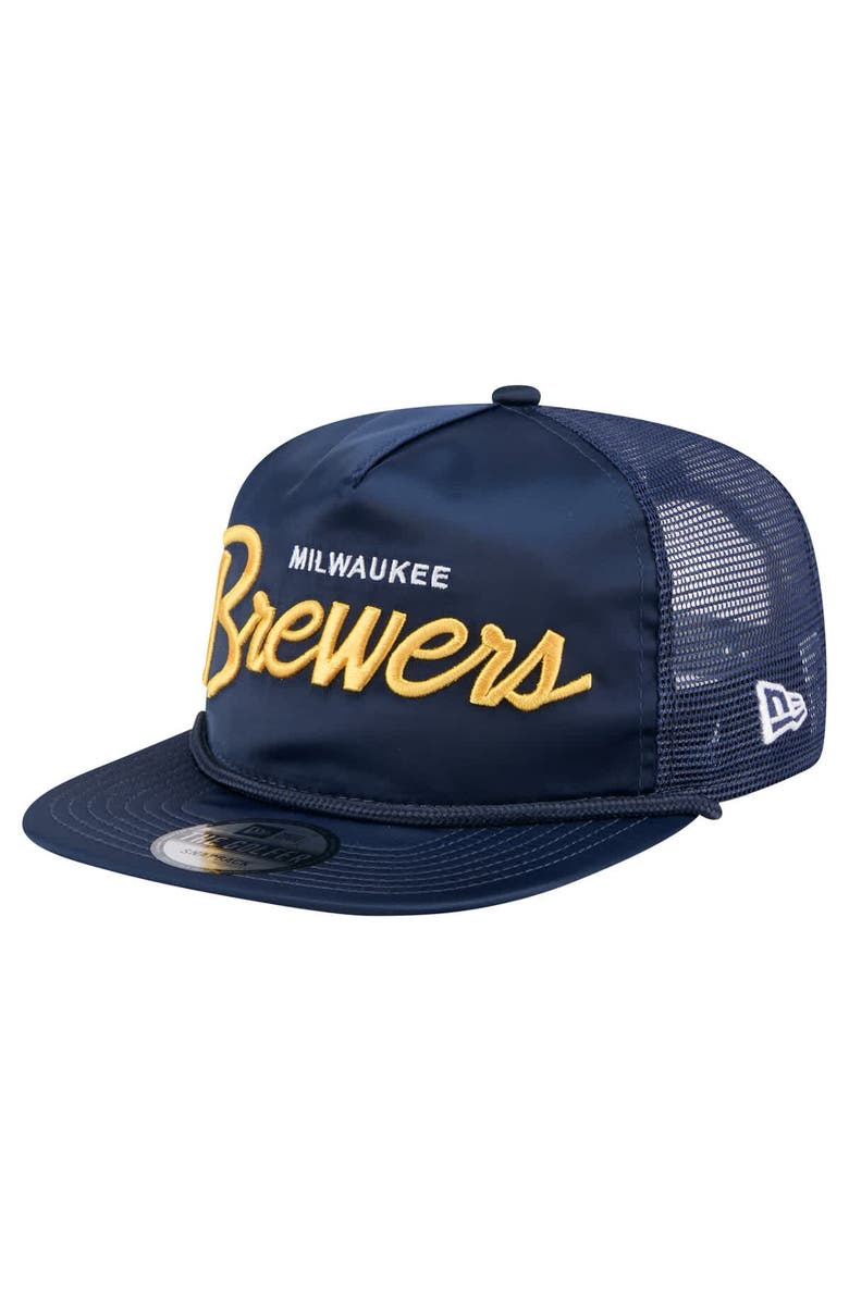 New Era Men's New Era Navy Milwaukee Brewers Retro Satin Script Golfer Adjustable Hat, Main, color,