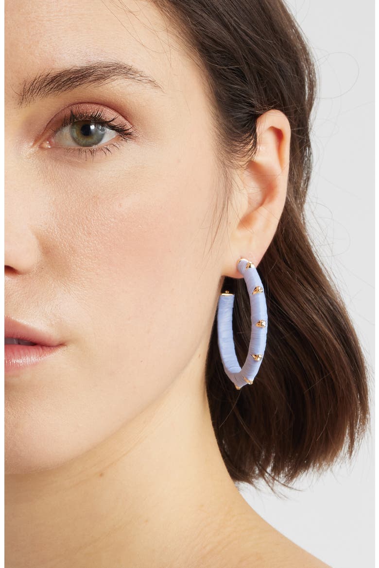 Crystal Accent Raffia Wrapped Hoop Earrings, Alternate, color, LIGHT BLUE- CLEAR- GOLD