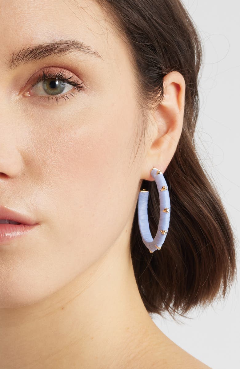 Nordstrom Crystal Accent Raffia Wrapped Hoop Earrings, Alternate, color, Light Blue- Clear- Gold