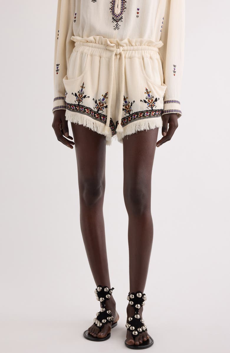 Isabel Marant Étoile Kriss Embroidered Fringed Paperbag Waist Shorts, Main, color, Ecru