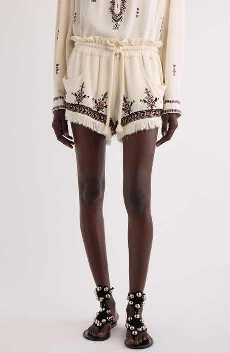 Isabel Marant Étoile Kriss Embroidered Fringed Paperbag Waist Shorts