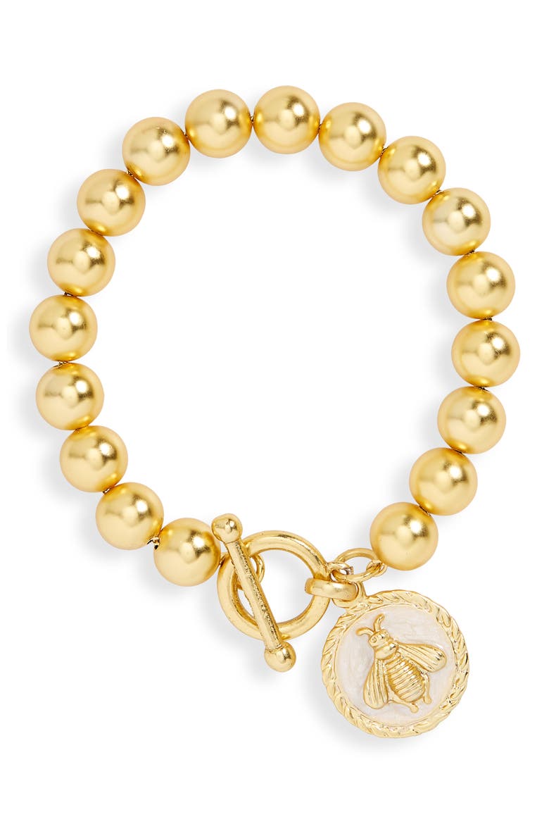 Bee Charm Beaded Chain Bracelet, Main, color, GOLD/ IVORY