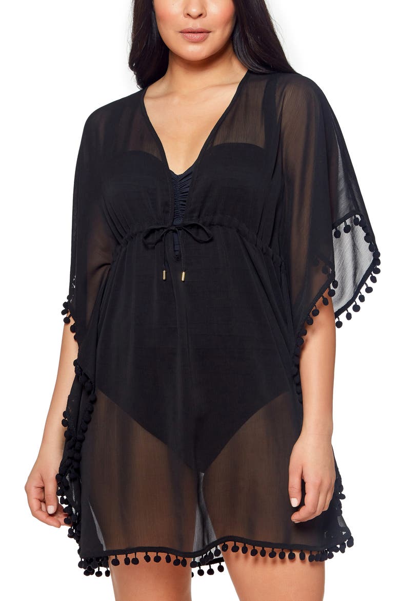Gypset Pompom Sheer Cover-Up Caftan, Main, color, BLACK