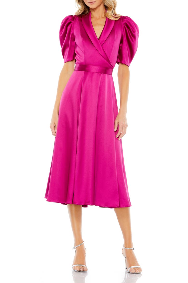 Satin Lapel Puff Sleeve Tea Length Dress, Main, color, HOT PINK