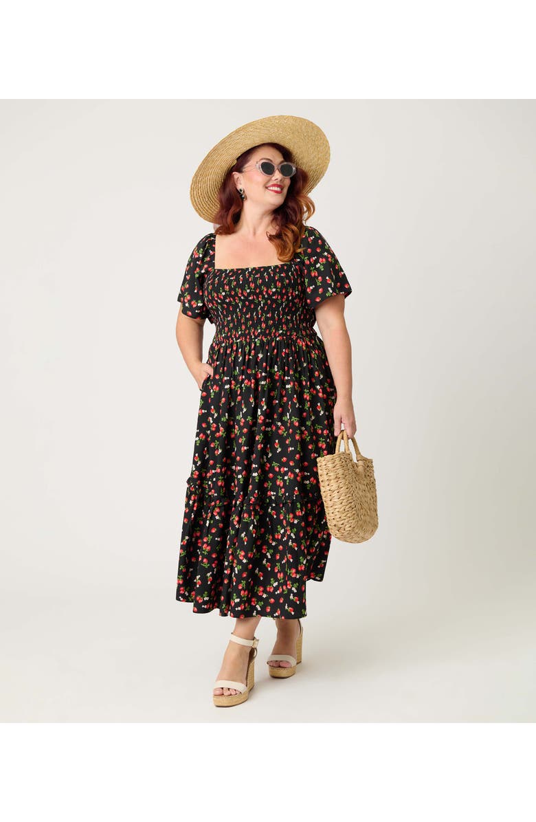 Unique Vintage Plus Size Smocked Bodice Midi Dress, Alternate, color, Black W/Strawberry Print