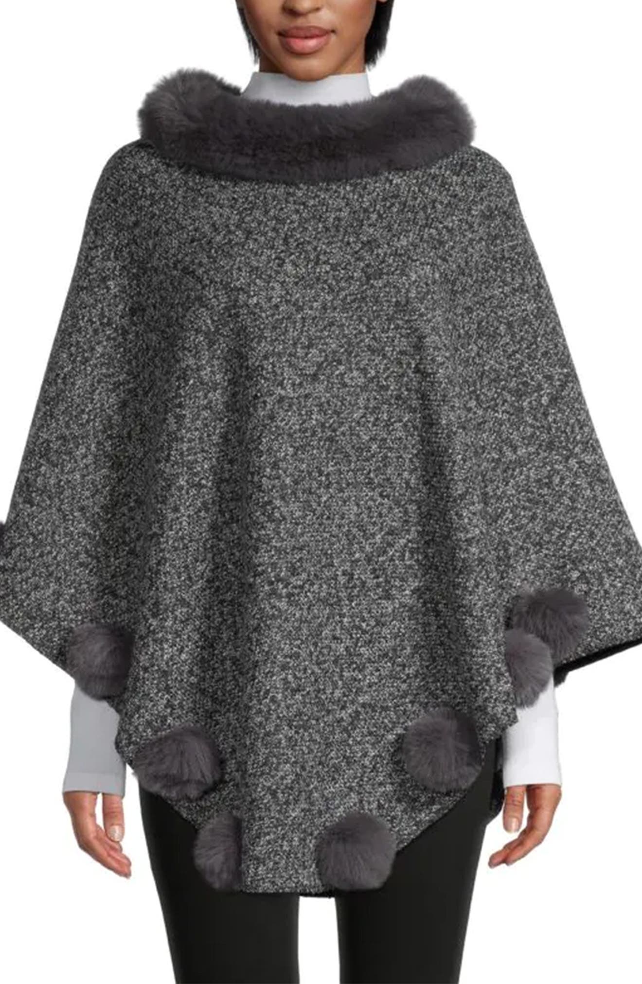 SAACHI Posey Faux Fur Pompom Adorned Poncho