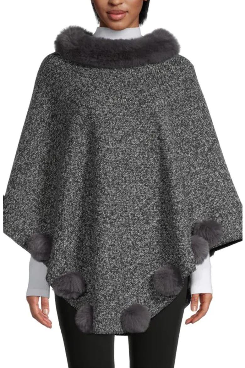 Posey Faux Fur Pompom Adorned Poncho, Main, color, GREY