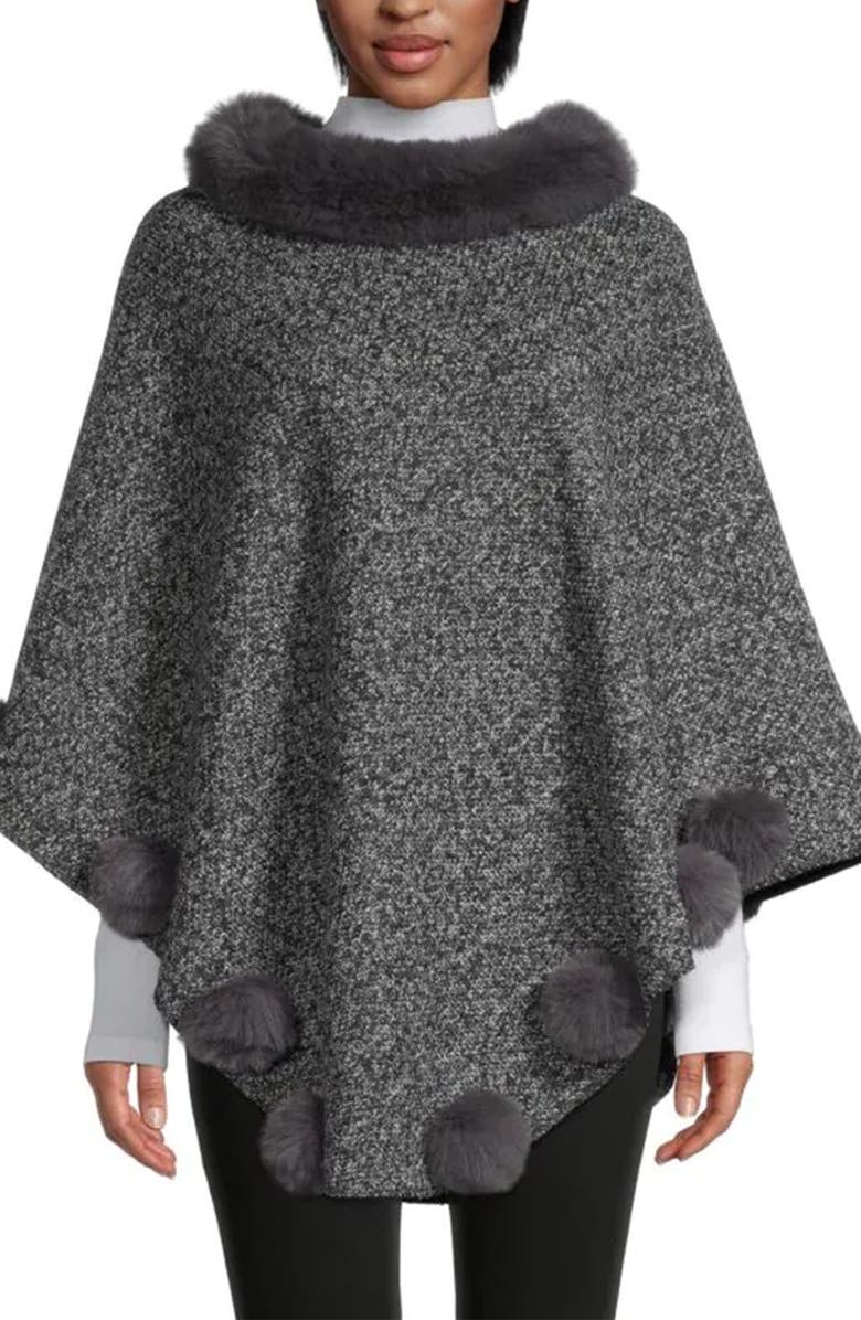 SAACHI Posey Faux Fur Pompom Adorned Poncho, Main, color, Grey