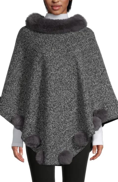 Posey Faux Fur Pompom Adorned Poncho