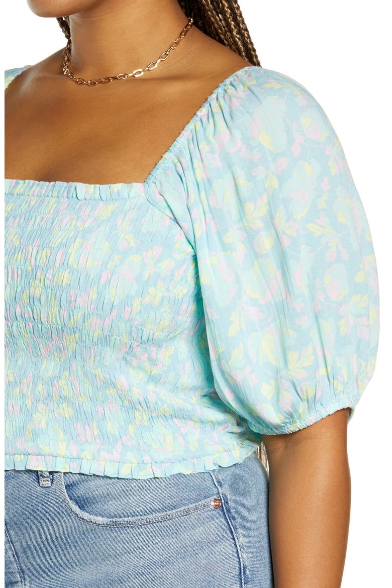 Smocked Puff Sleeve Crop Top, Alternate, color, BLUE DJUNA FLORAL