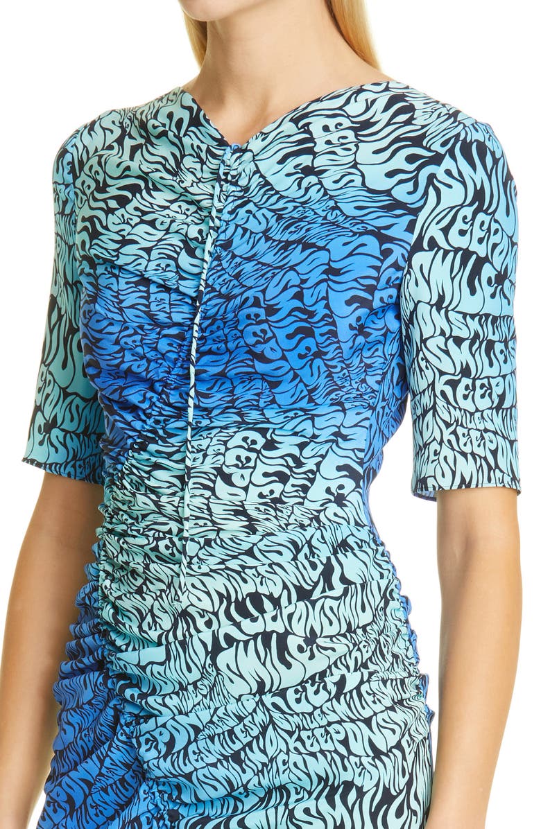 Stella McCartney Ombré Word Print Ruched Silk Midi Dress, Alternate, color, 