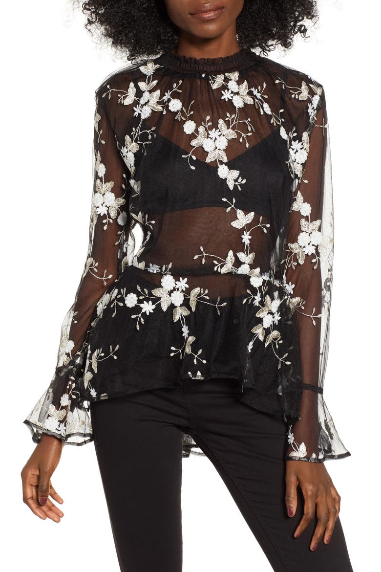 Embroidered Mesh Top, Main, color, BLACK