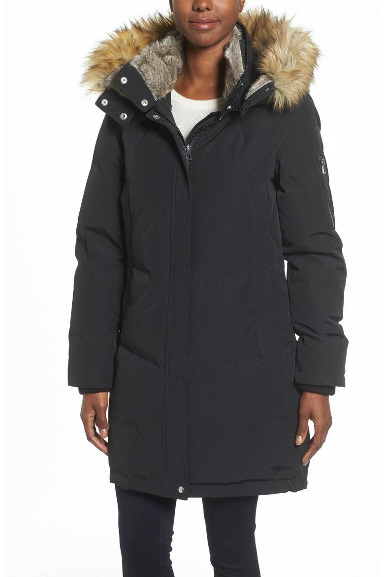 Down & Feather Fill Parka with Faux Fur Trims, Main, color, BLACK